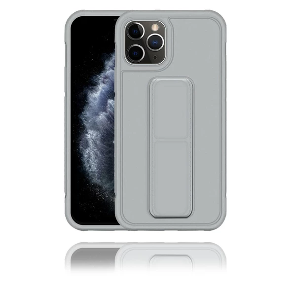 Apple IPhone 11 Pro Uyumlu Mat Gri Yumuşak Silikon Standlı Tutacaklı (Tutamaçlı) Telefon Kılıfı - 1