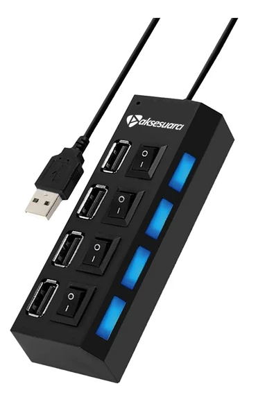 Aksesuarcı 4 Port Usb Çoğaltıcı Çoklayıcı Pc Usb Hub Ledli Işıklı Kablo Anahtarlı