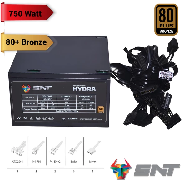 SNT Hydra-B 750W 80+ Bronze Siyah Kasa Power Supply