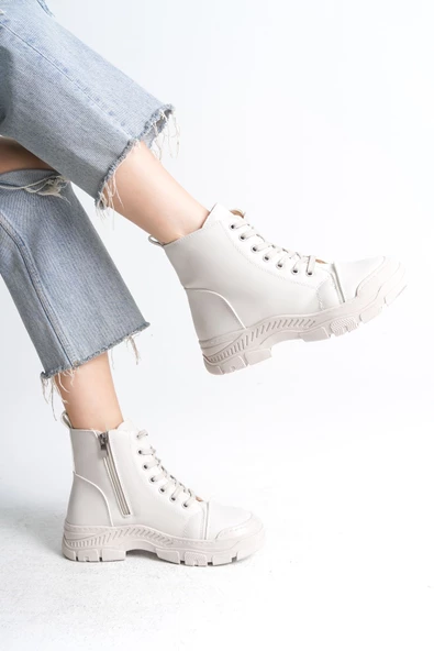 BLOOM Bağcıklı Fermuarlı Ortopedik Taban Suya ve Soğuğa Dayanıklı Cilt Kadın Spor Bot KT Krem - 4