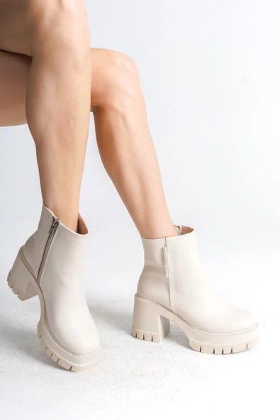 LISSE Fermuarlı Ortopedik Taban Suya ve Soğuğa Dayanıklı Kalın Topuklu Cilt Kadın Bot KT Krem - Resim 2
