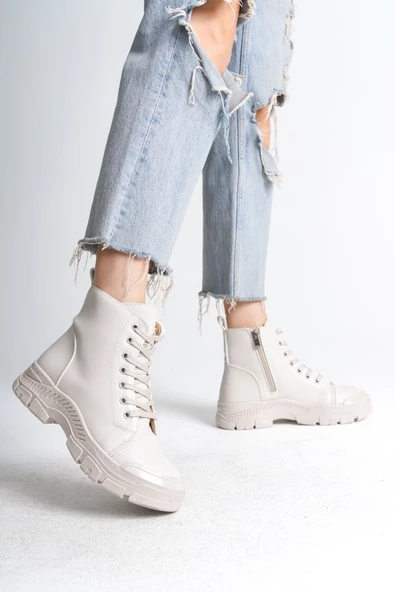 BLOOM Bağcıklı Fermuarlı Ortopedik Taban Suya ve Soğuğa Dayanıklı Cilt Kadın Spor Bot KT Krem - 2