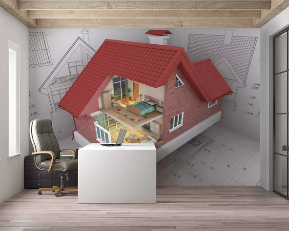 Mimari Ev Çizimi Gayrimenkul Emlak ve Gayrimenkul Duvar Kağıdı Baskı - Resim 3