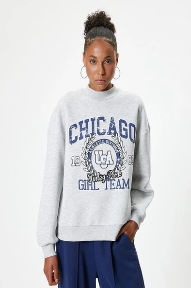 Koton Oversize Sweatshirt Kolej Baskılı Bisiklet Yaka Şardonlu - 3