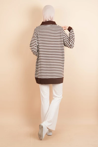 İnce Çizgili Polo Yaka Tunik Kazak Kahverengi - 4