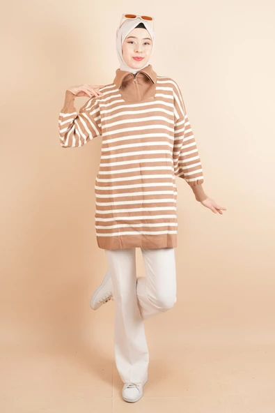Yarım Fermuar Full İnce Çizgili Tesettür Tunik Kazak Bej