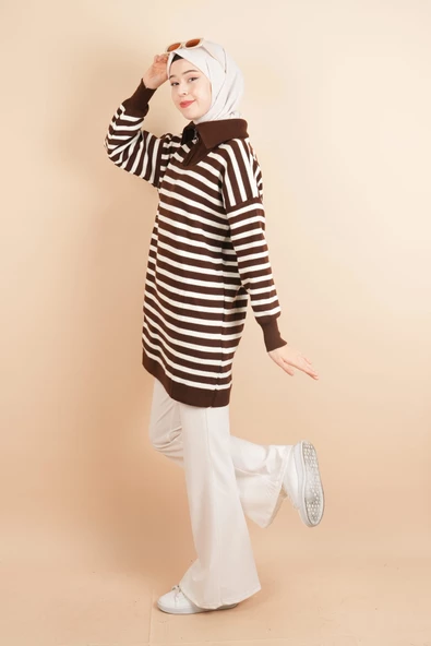 Yarım Fermuar Full İnce Çizgili Tesettür Tunik Kazak Kahverengi - 3