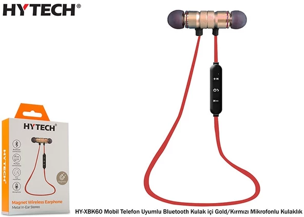 Kulaklık Bluetooth Mobil Telefon Uyumlu Hytech HY-XBK60 Gold-Kırmızı