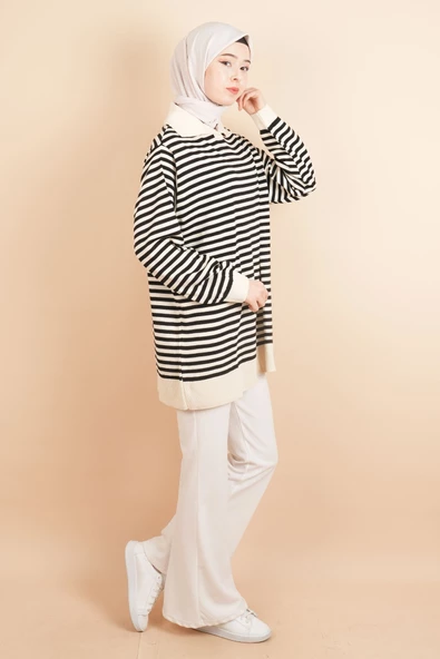 İnce Çizgili Polo Yaka Tunik Kazak Krem - 3