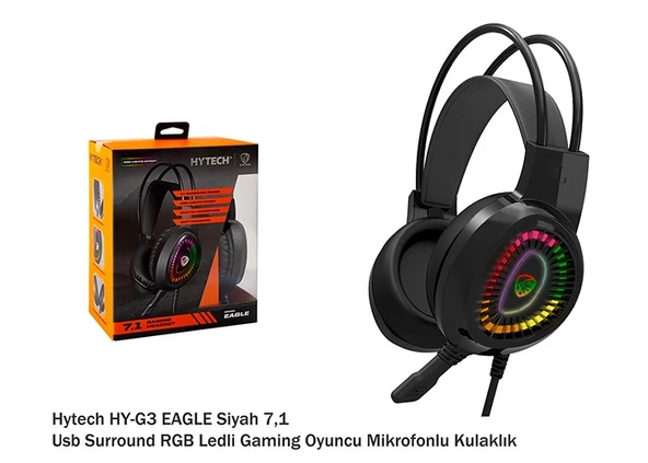 Kulaklık Mikrofonlu Oyuncu Usb 7.1 RGB Ledli Hytech HY-G3 EAGLE Siyah