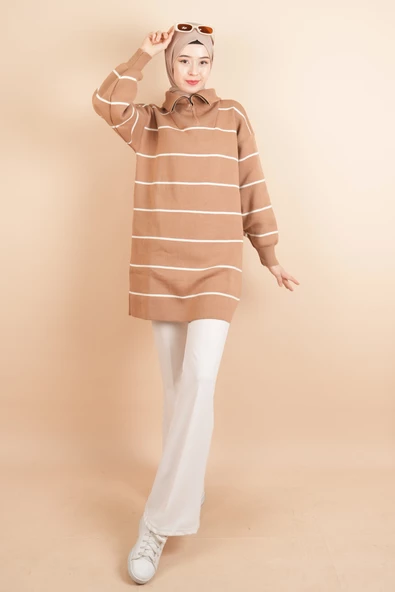 Yarım Fermuarlı Kalın Aralıklı Çizgili Tunik Kazak Bej - Resim 2