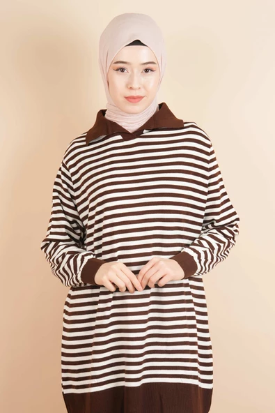 İnce Çizgili Polo Yaka Tunik Kazak Kahverengi