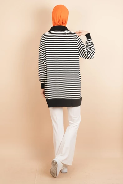 İnce Çizgili Polo Yaka Tunik Kazak Siyah - 4