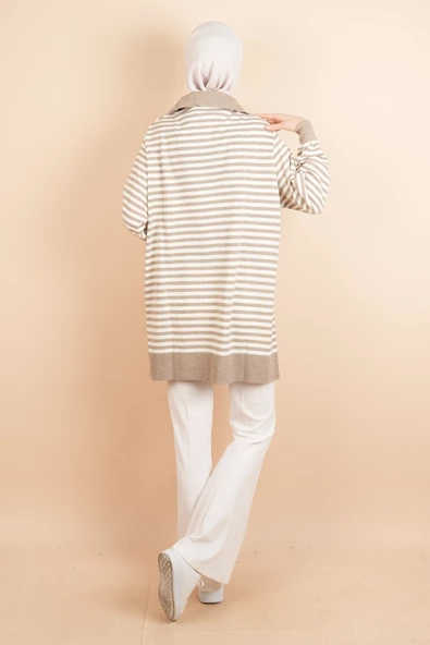 İnce Çizgili Polo Yaka Tunik Kazak Bej - 3