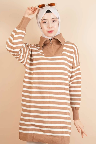 Yarım Fermuar Full İnce Çizgili Tesettür Tunik Kazak Bej - 4