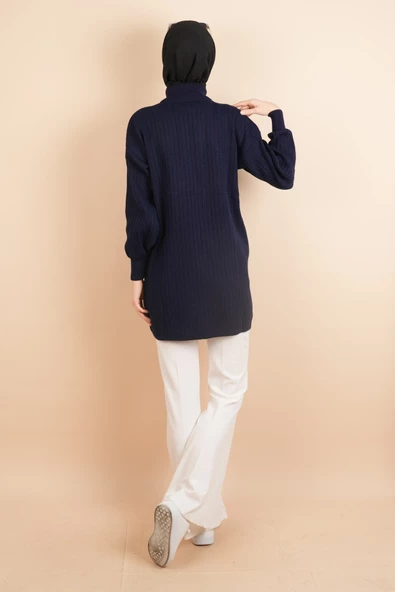 Fermuarlı Yarım Hakim Yaka Dik Fitilli Tunik Kazak Lacivert - 3