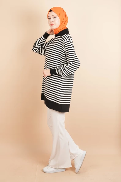 İnce Çizgili Polo Yaka Tunik Kazak Siyah - 3