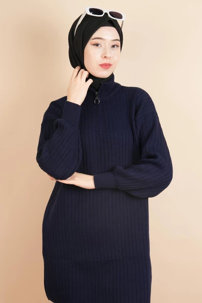 Fermuarlı Yarım Hakim Yaka Dik Fitilli Tunik Kazak Lacivert - 2