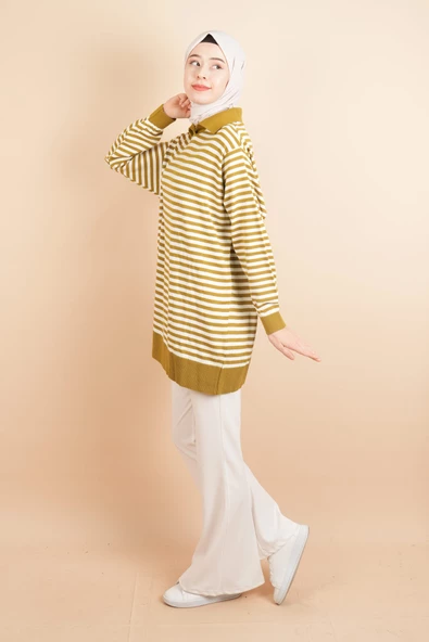 İnce Çizgili Polo Yaka Tunik Kazak Yağ Yeşili - Resim 3