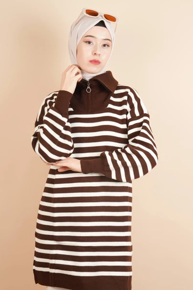 Yarım Fermuar Full İnce Çizgili Tesettür Tunik Kazak Kahverengi - 4