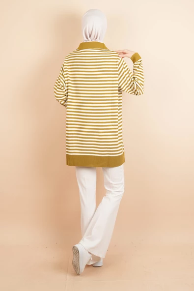 İnce Çizgili Polo Yaka Tunik Kazak Yağ Yeşili - Resim 4