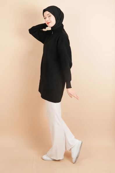 Fermuarlı Yarım Hakim Yaka Dik Fitilli Tunik Kazak Siyah - 3