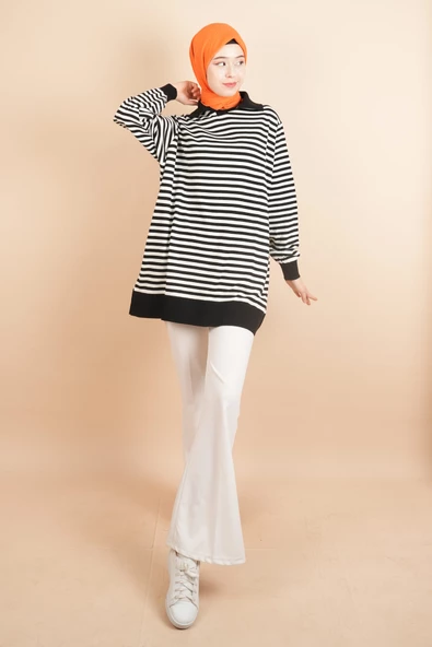 İnce Çizgili Polo Yaka Tunik Kazak Siyah - 2