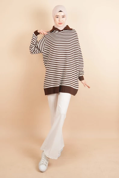 İnce Çizgili Polo Yaka Tunik Kazak Kahverengi - 2