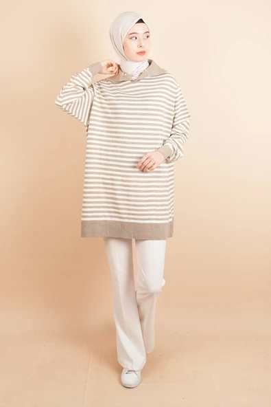 İnce Çizgili Polo Yaka Tunik Kazak Bej