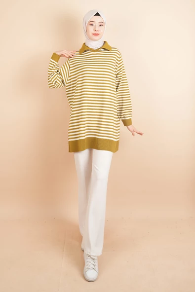 İnce Çizgili Polo Yaka Tunik Kazak Yağ Yeşili - Resim 2