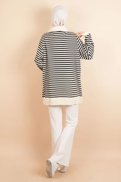 İnce Çizgili Polo Yaka Tunik Kazak Krem - 4