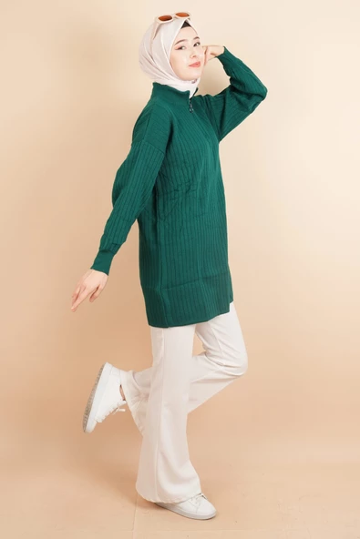 Fermuarlı Yarım Hakim Yaka Dik Fitilli Tunik Kazak Zümrüt - 2