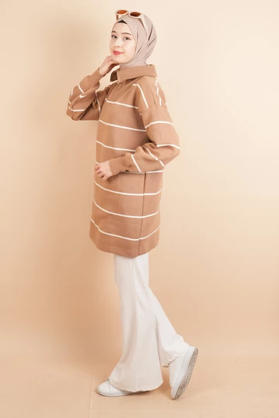 Yarım Fermuarlı Kalın Aralıklı Çizgili Tunik Kazak Bej - Resim 4
