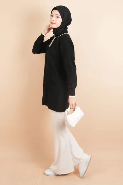 Yaka Ve Düğme Detaylı Tesettür Tunik Kazak Siyah - 4