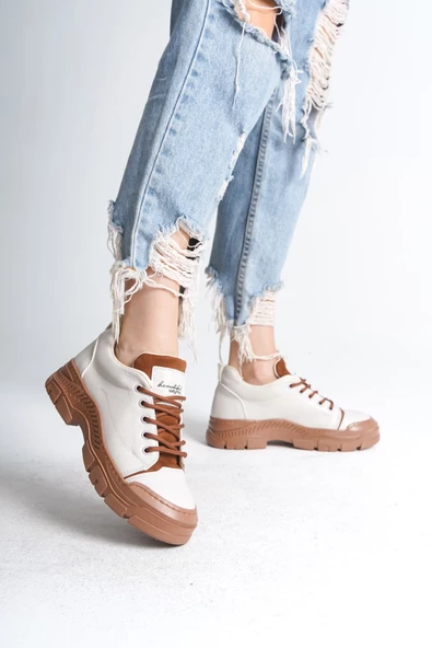 JANE Bağcıklı Ortopedik Taban Cilt Kadın Sneaker Ayakkabı TT Krem - 2