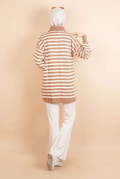 Yarım Fermuar Full İnce Çizgili Tesettür Tunik Kazak Bej - 2