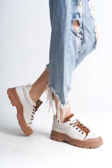 JANE Bağcıklı Ortopedik Taban Cilt Kadın Sneaker Ayakkabı TT Krem - 3