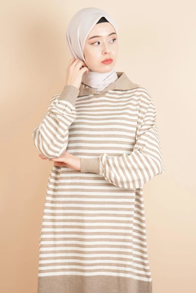 İnce Çizgili Polo Yaka Tunik Kazak Bej - 4