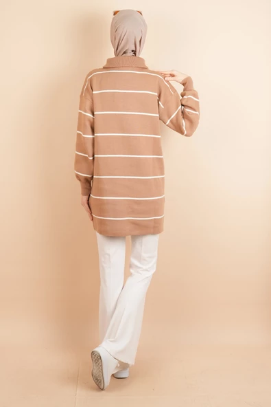 Yarım Fermuarlı Kalın Aralıklı Çizgili Tunik Kazak Bej - Resim 3
