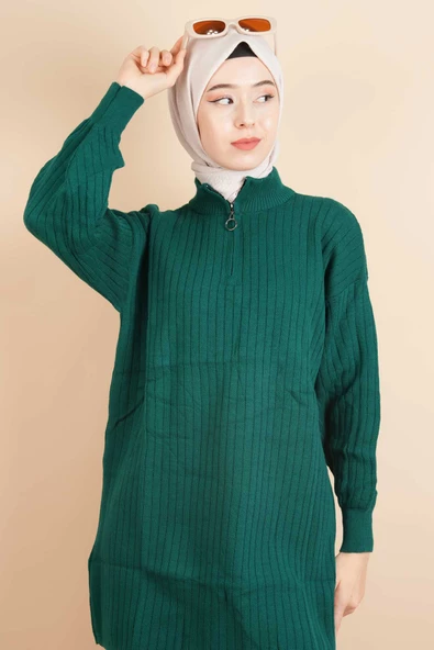 Fermuarlı Yarım Hakim Yaka Dik Fitilli Tunik Kazak Zümrüt - 4