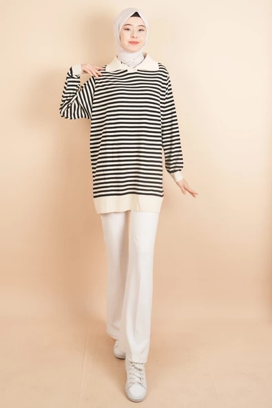 İnce Çizgili Polo Yaka Tunik Kazak Krem - 2