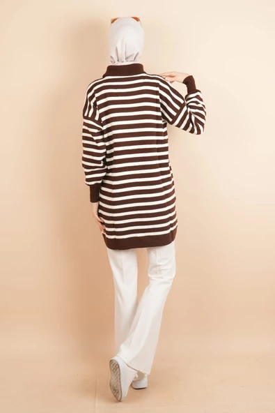 Yarım Fermuar Full İnce Çizgili Tesettür Tunik Kazak Kahverengi - 2