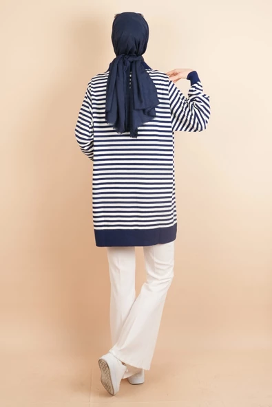 İnce Çizgili Polo Yaka Tunik Kazak Lacivert - 4
