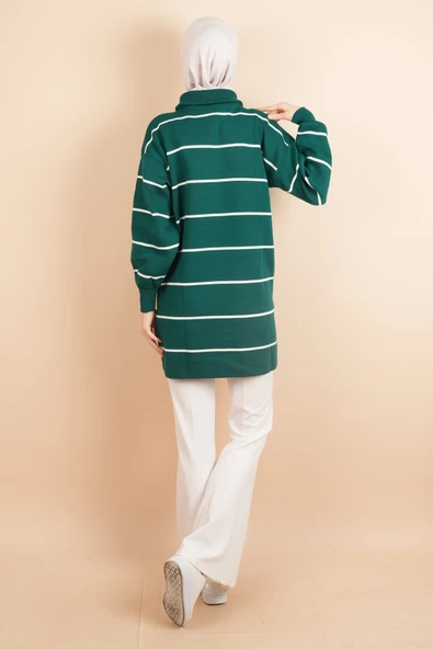 Yarım Fermuarlı Kalın Aralıklı Çizgili Tunik Kazak Zümrüt - 4