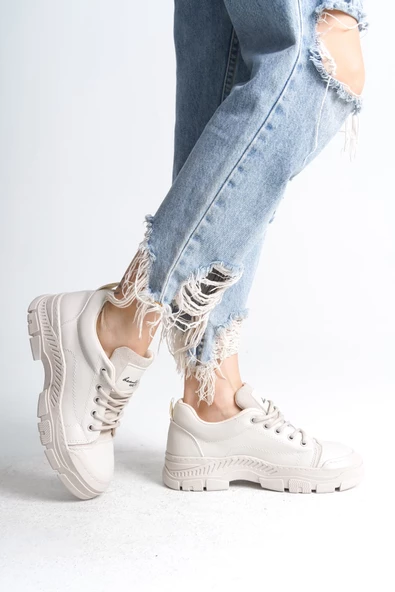 JANE Bağcıklı Ortopedik Taban Cilt Kadın Sneaker Ayakkabı KT Krem - 3