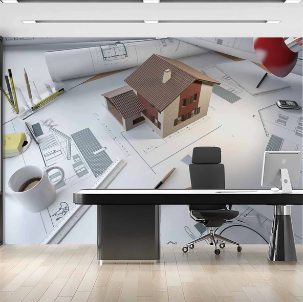 Mimari Ev Proje Çizimi Gayrimenkul Emlak ve Gayrimenkul Duvar Kağıdı Baskı - Resim 2