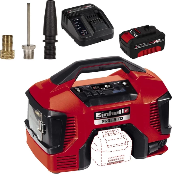 Einhell PRESSITO Hibrit Çok Fonksiyonlu Kompresör 18V 4AH + 220V Elektrik
