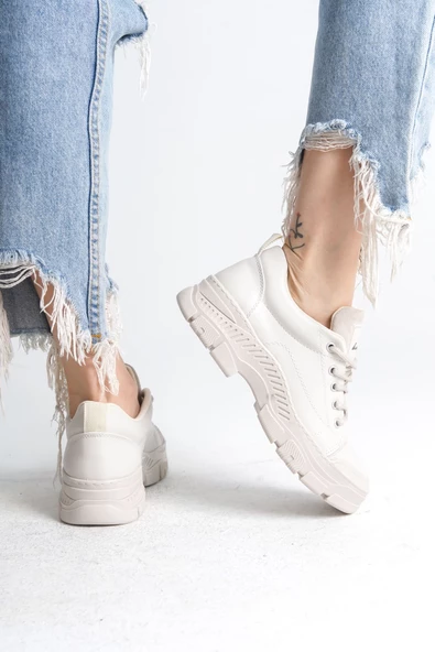 JANE Bağcıklı Ortopedik Taban Cilt Kadın Sneaker Ayakkabı KT Krem - 4