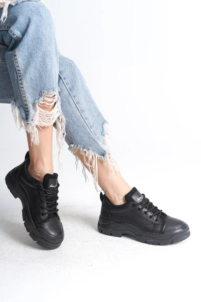 JANE Bağcıklı Ortopedik Taban Cilt Kadın Sneaker Ayakkabı ST Siyah - 4