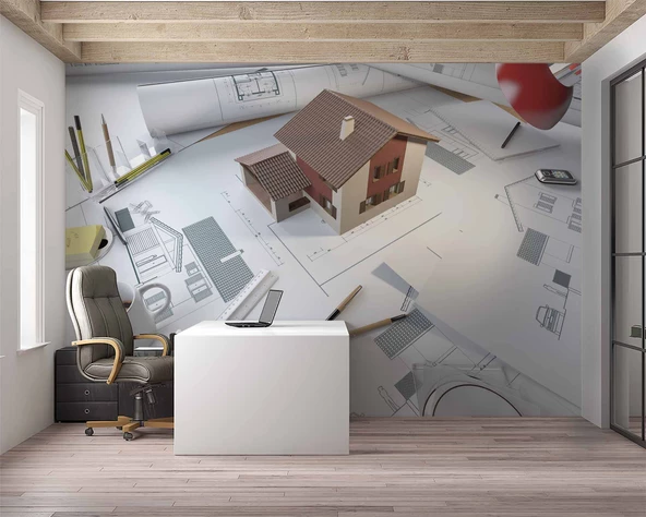 Mimari Ev Proje Çizimi Gayrimenkul Emlak ve Gayrimenkul Duvar Kağıdı Baskı - Resim 3